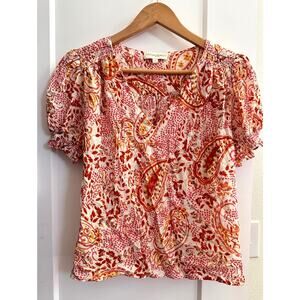 Cynthia Rowley Small V Neck Blouse elastic short sleeves paisley floral crop top